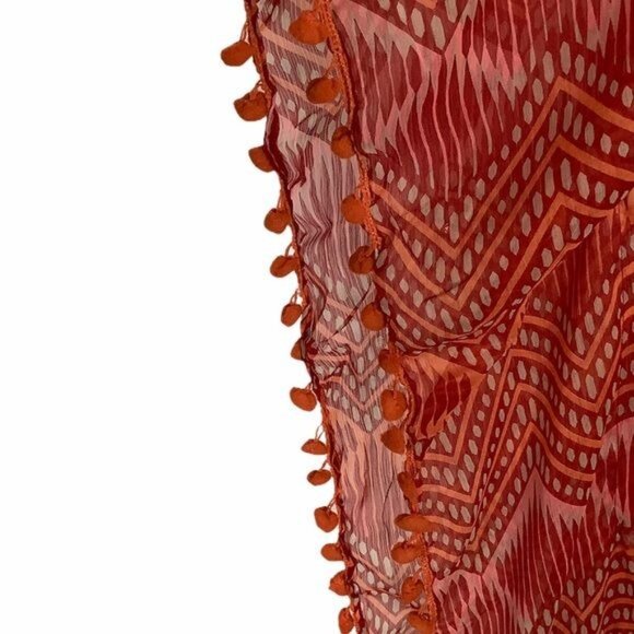 Sol & Mer Red Dotty Ikat Flat Tunic W/ Pom-Pom Trim Lightweight Cover-Up 40"x35" - Picture 4 of 4